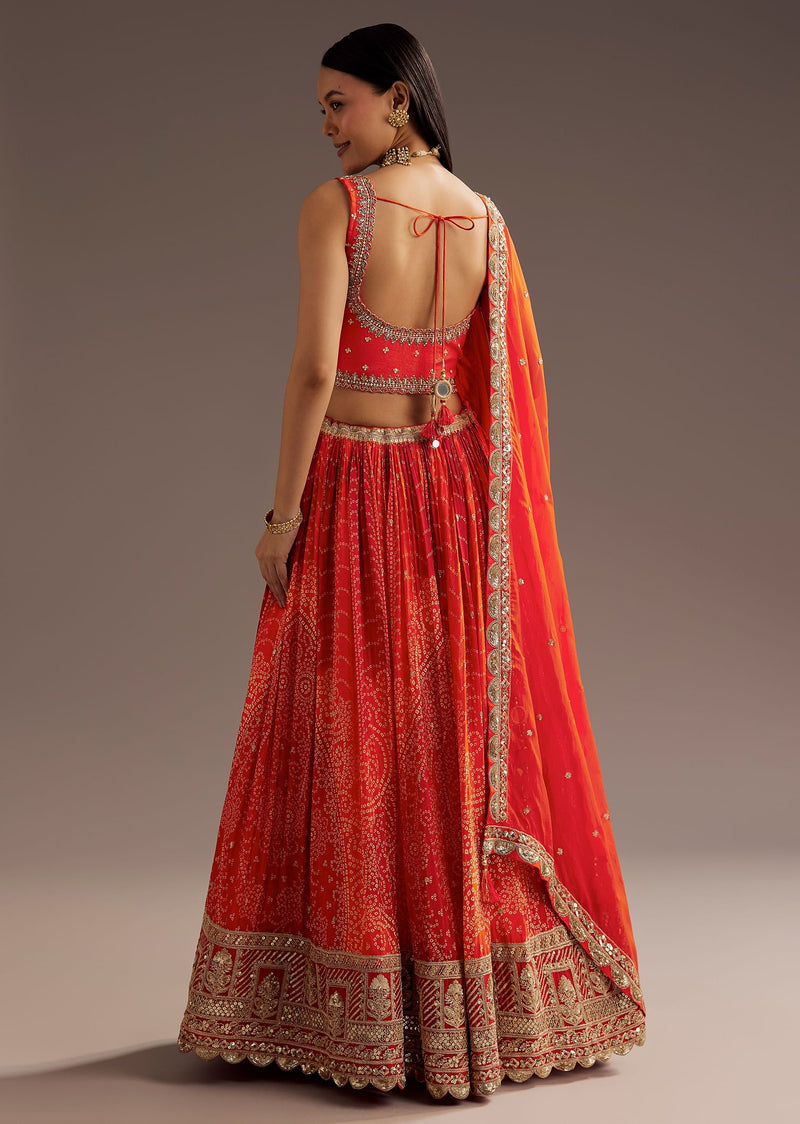 Orange Sequins Bandhani Lehenga Dupatta Set