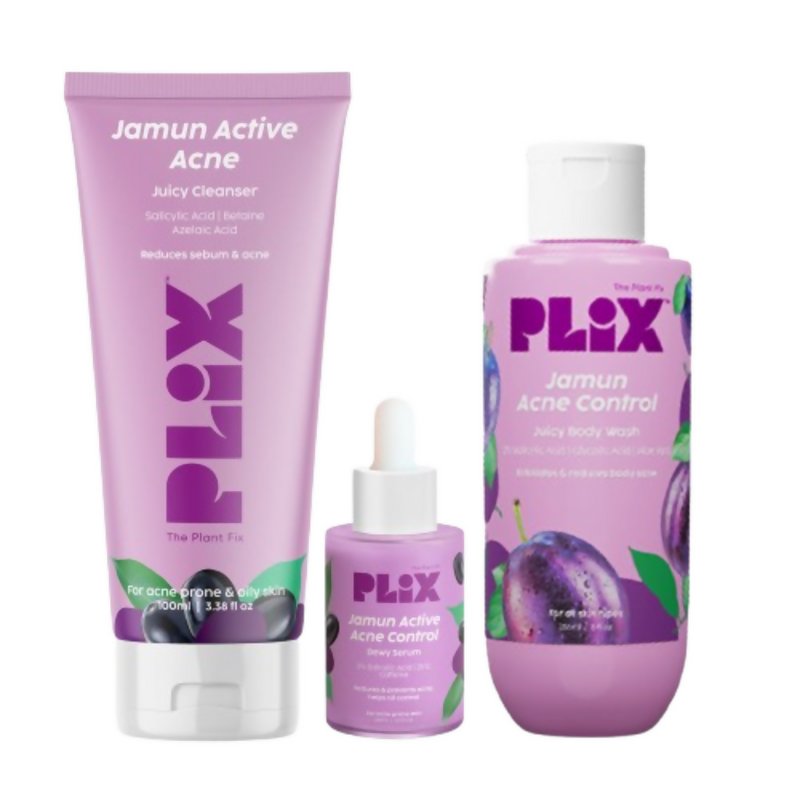 PLIX The Plant Fix Jamun Skincare With Cleanser, Body Wash & Active Acne Serum For Women & Men