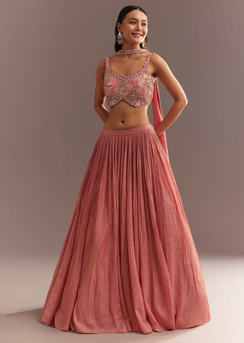 Peach French Tissue Lehenga Choli With Choker Dupatta