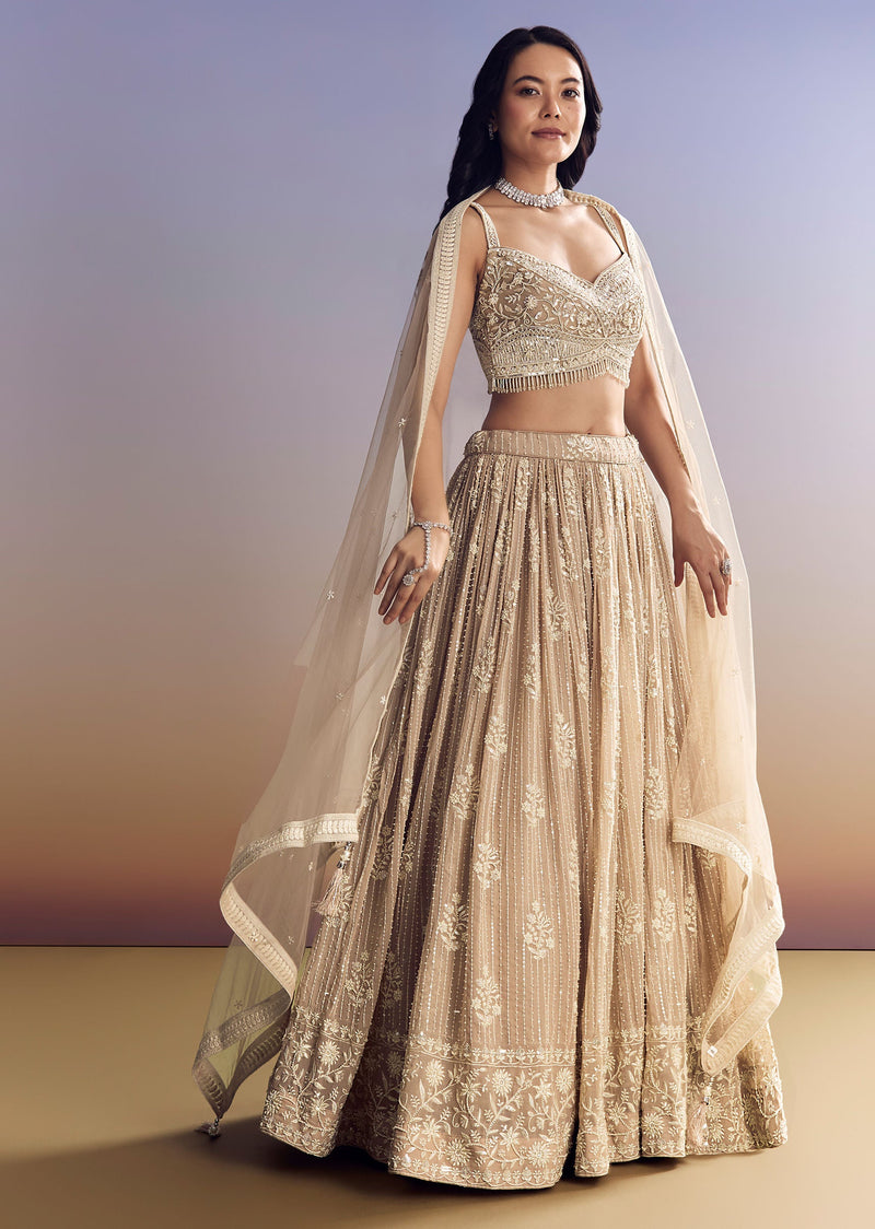 Peach Georgette Lehenga Set With Cut Dana Moti Work