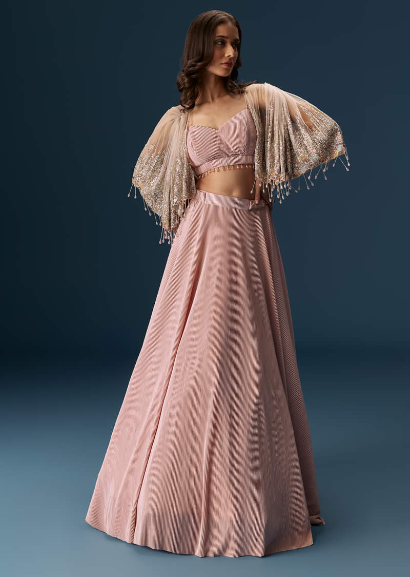 Peach Lehenga With Embroidered Blouse And Coordinating Cape