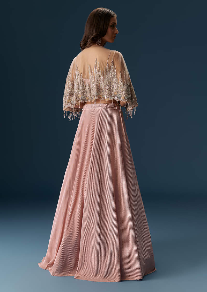 Peach Lehenga With Embroidered Blouse And Coordinating Cape