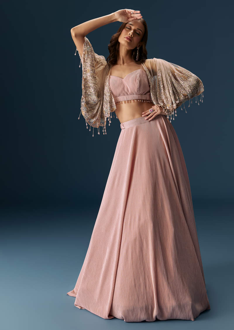 Peach Lehenga With Embroidered Blouse And Coordinating Cape
