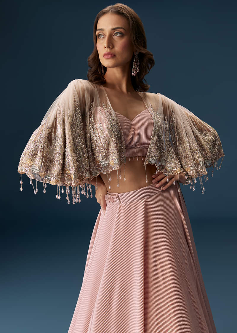 Peach Lehenga With Embroidered Blouse And Coordinating Cape
