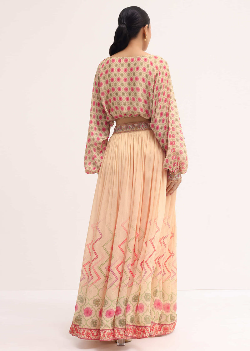 Peach Printed Chiffon Crop Top And Skirt