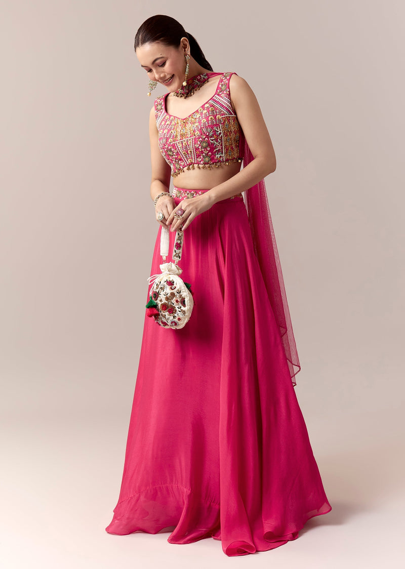 Pink Bridesmaid Lehenga With Thread Work Moti Work And Dupatta