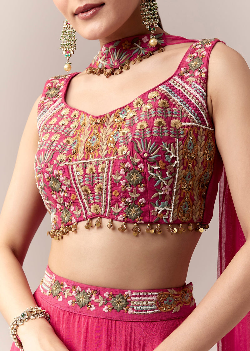 Pink Bridesmaid Lehenga With Thread Work Moti Work And Dupatta