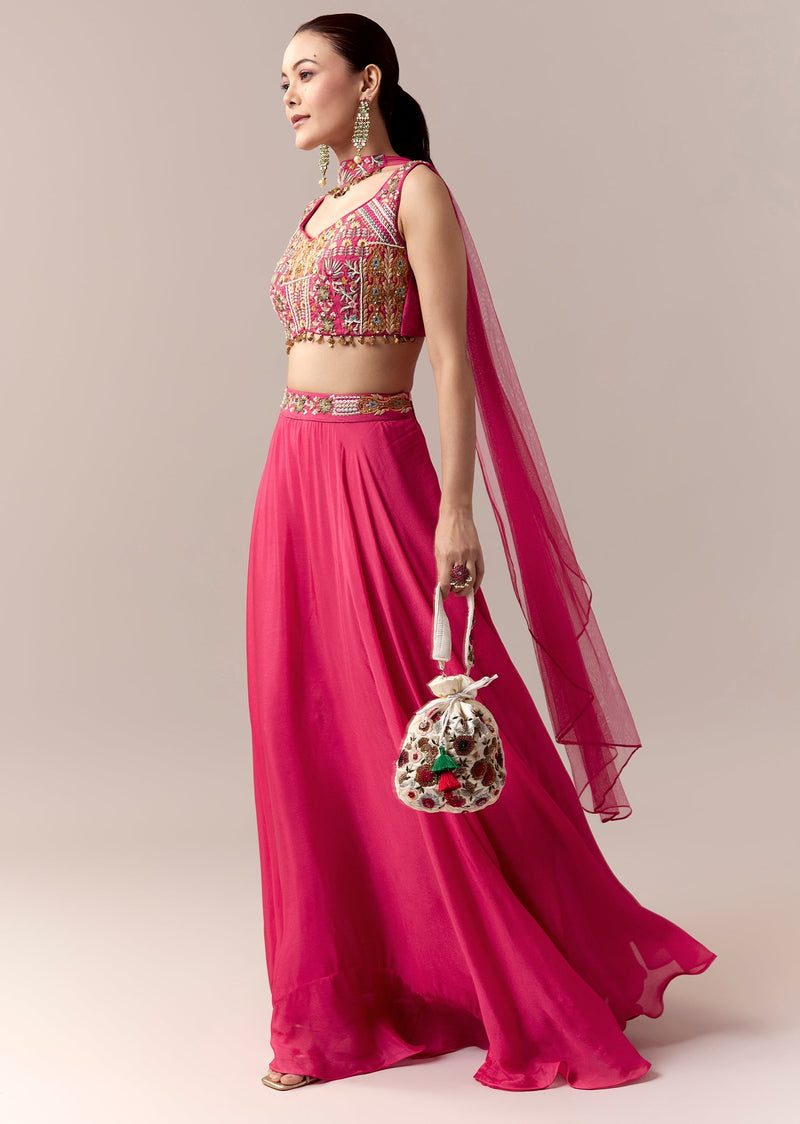 Pink Bridesmaid Lehenga With Thread Work Moti Work And Dupatta