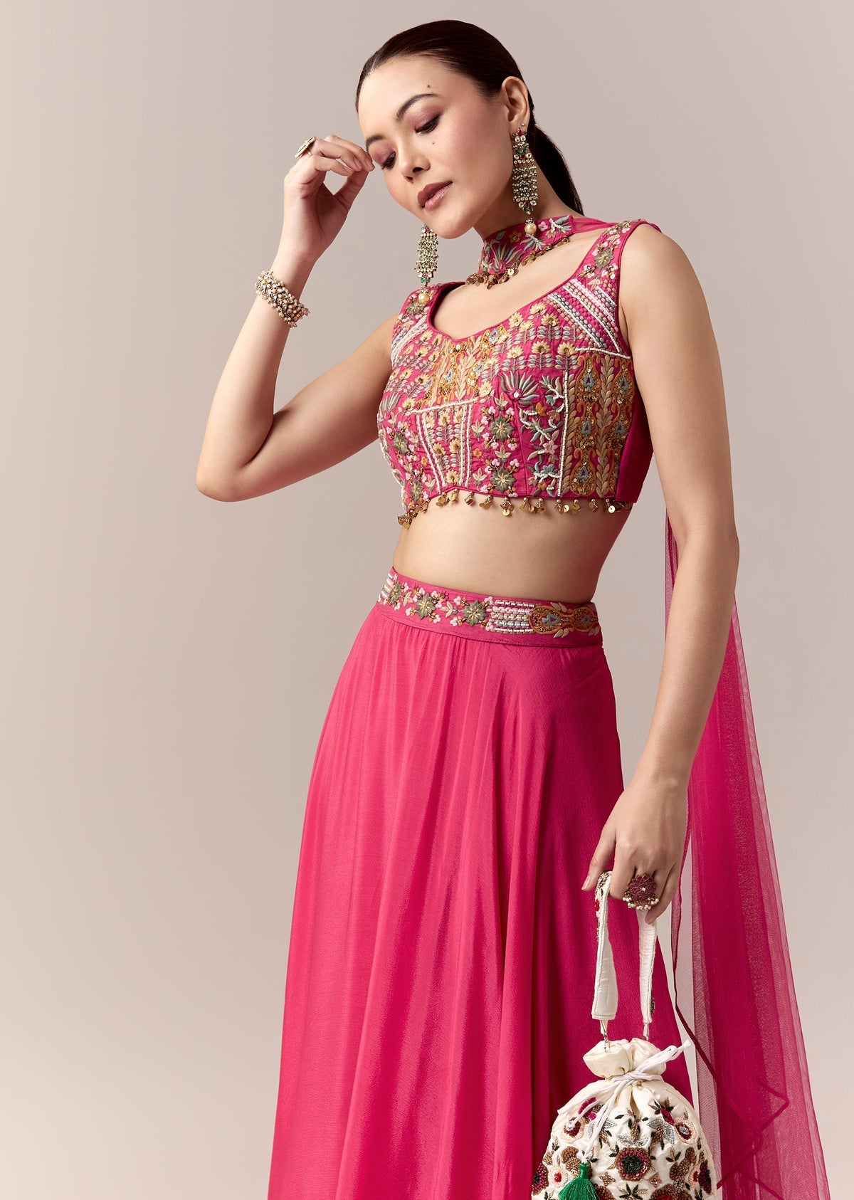 Pink Bridesmaid Lehenga With Thread Work Moti Work And Dupatta
