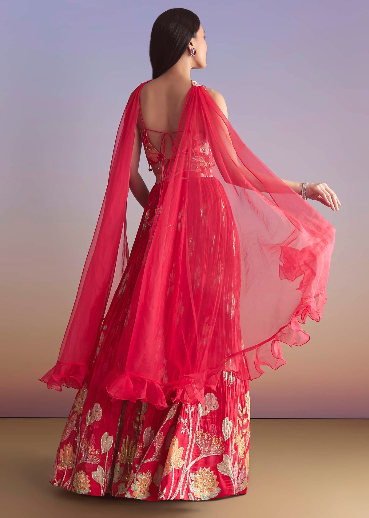 Pink Crepe Bridesmaid Lehenga With Floral Print