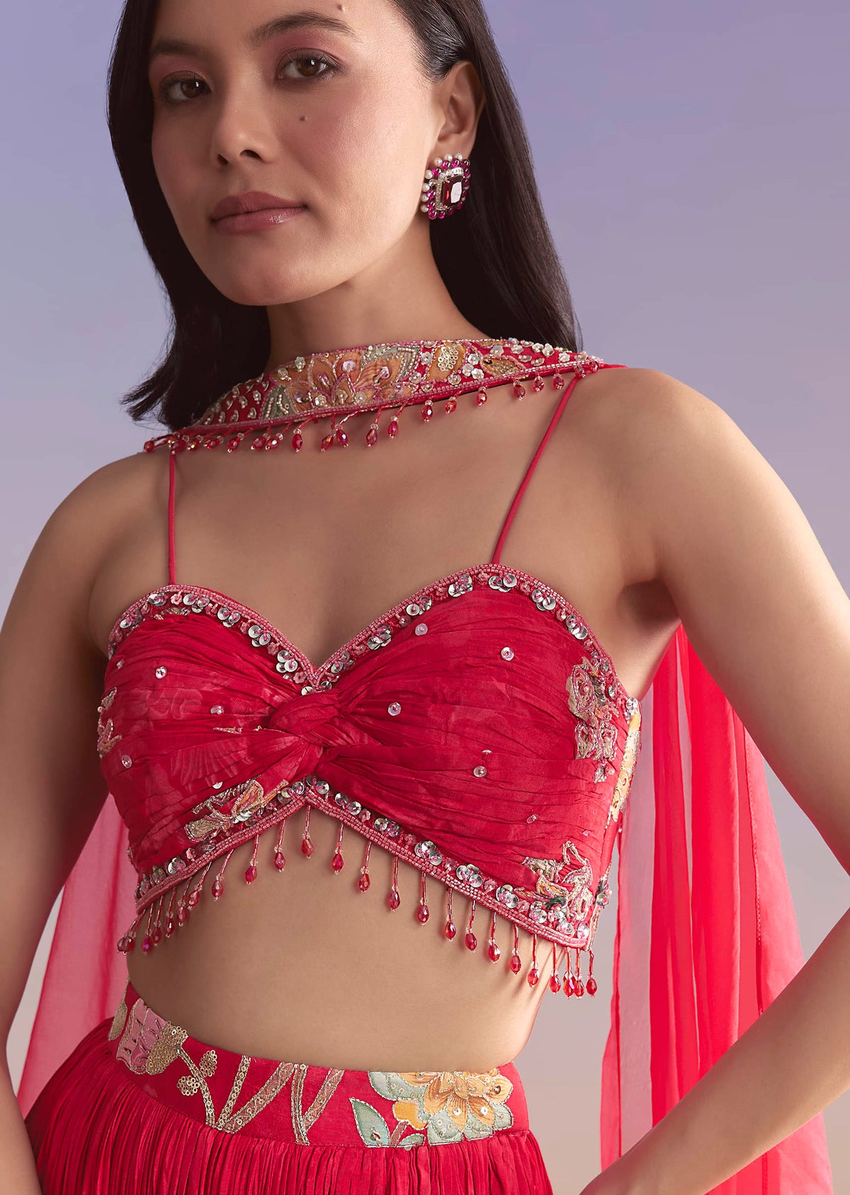 Pink Crepe Bridesmaid Lehenga With Floral Print