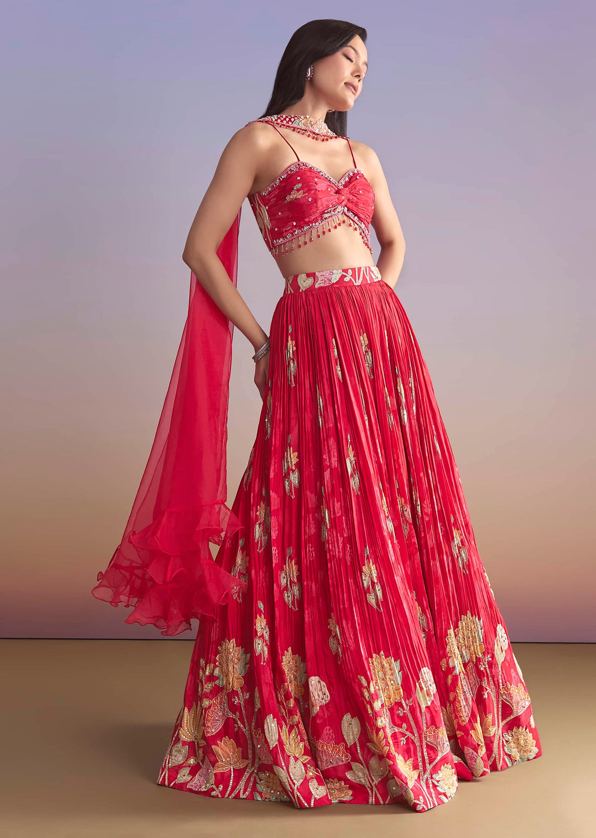 Pink Crepe Bridesmaid Lehenga With Floral Print