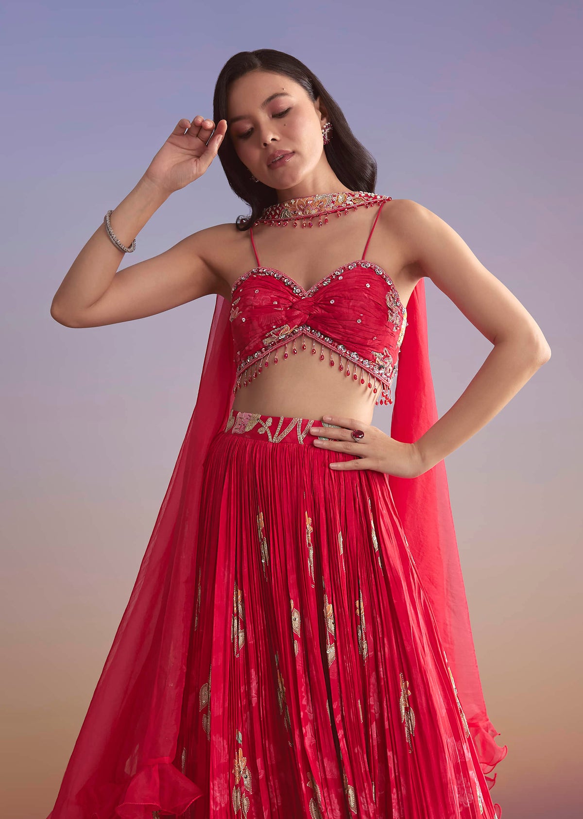 Pink Crepe Bridesmaid Lehenga With Floral Print