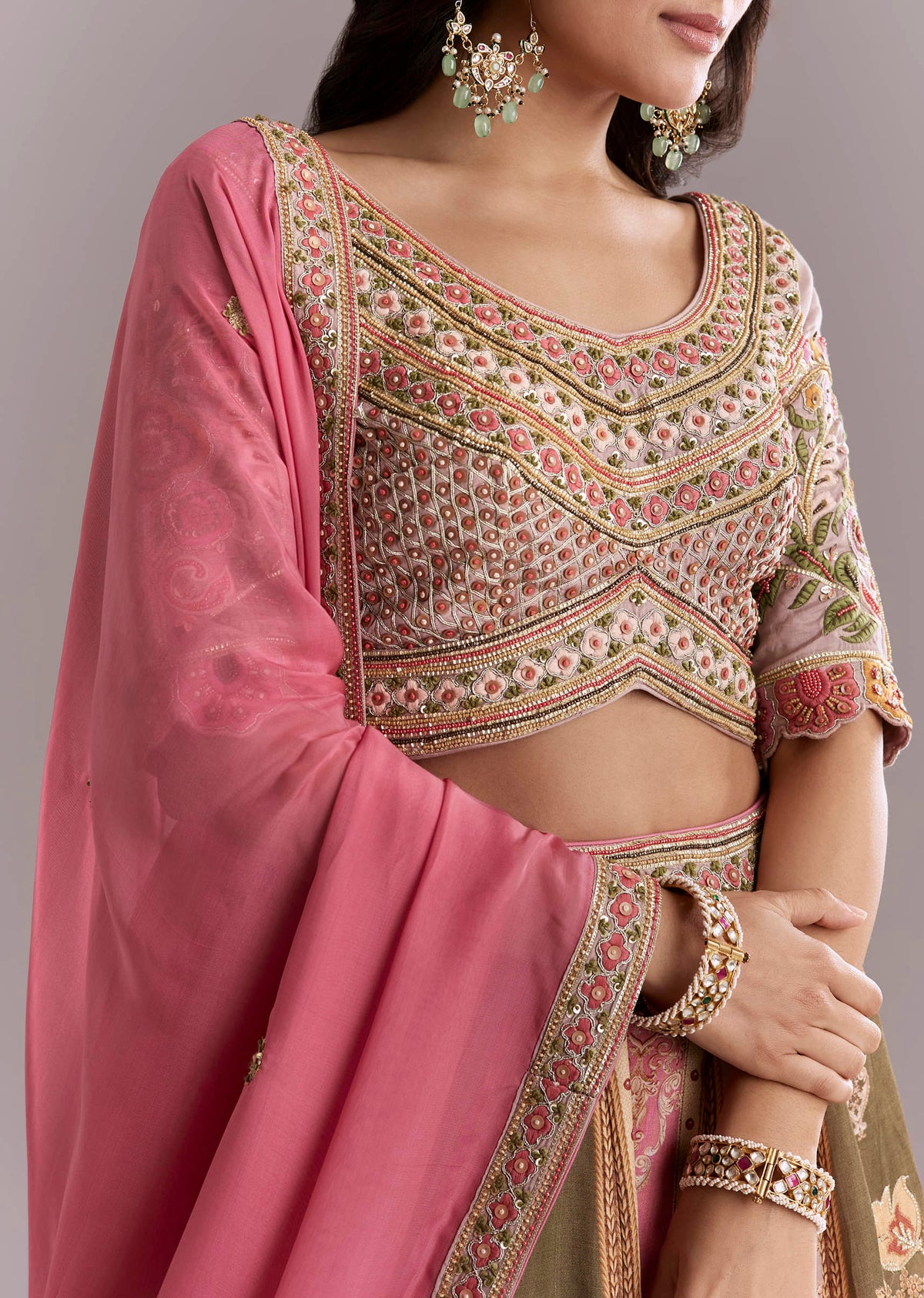 Pink Crepe Printed Bridesmaid Lehenga With Gotta Work