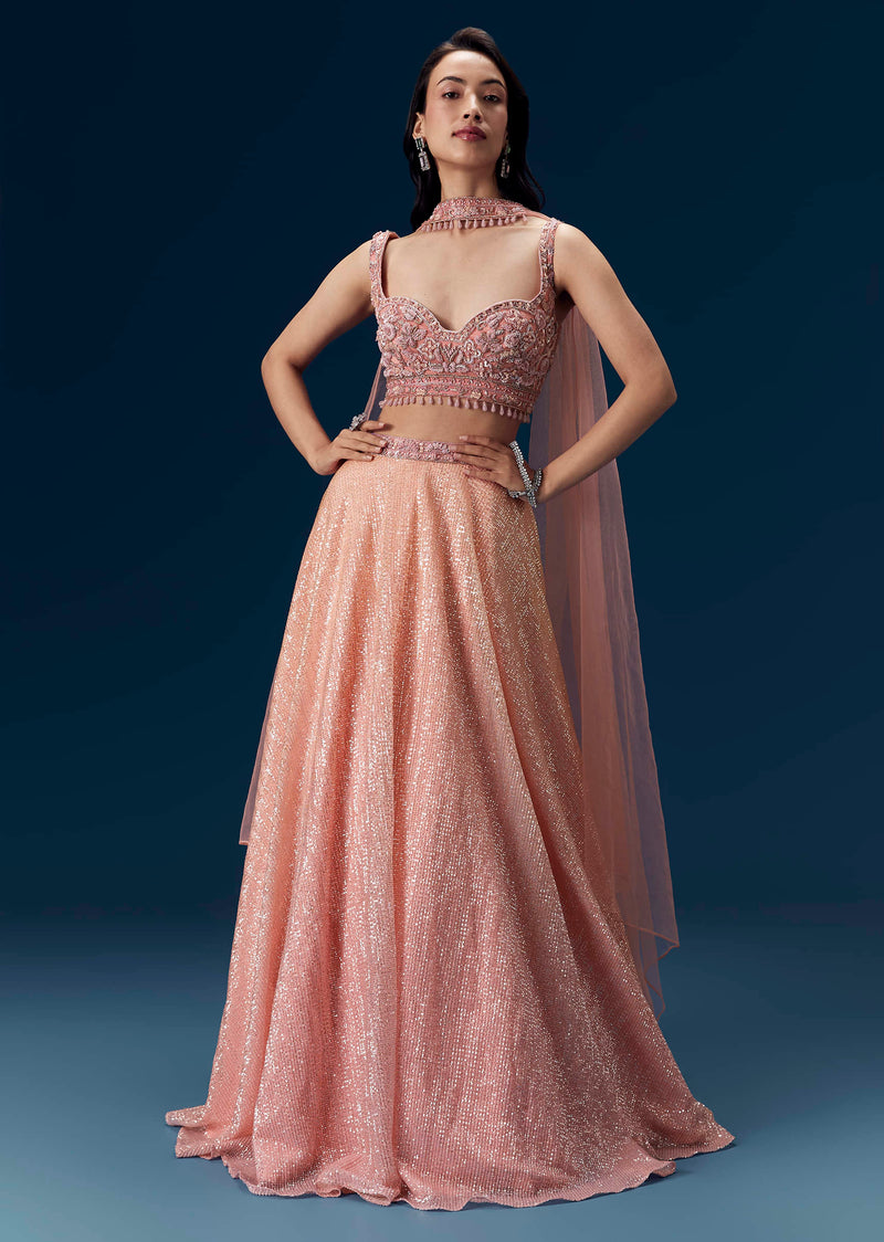 Pink Embellished Bridesmaid Lehega with Choker Dupatta