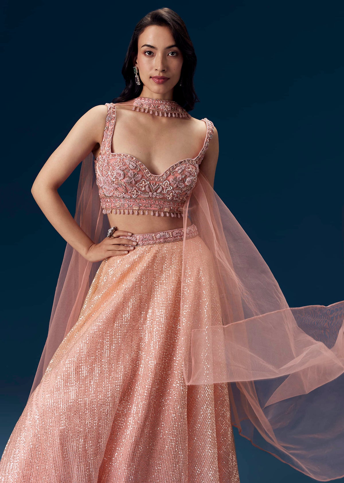 Pink Embellished Bridesmaid Lehega with Choker Dupatta