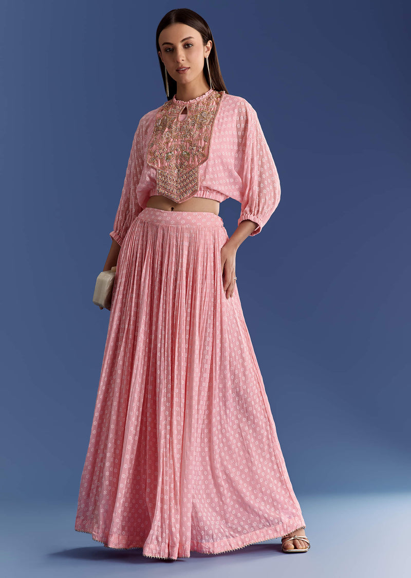 Pink Floral Georgette Lehenga Set With Zardosi Croptop