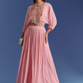 Pink Floral Georgette Lehenga Set With Zardosi Croptop