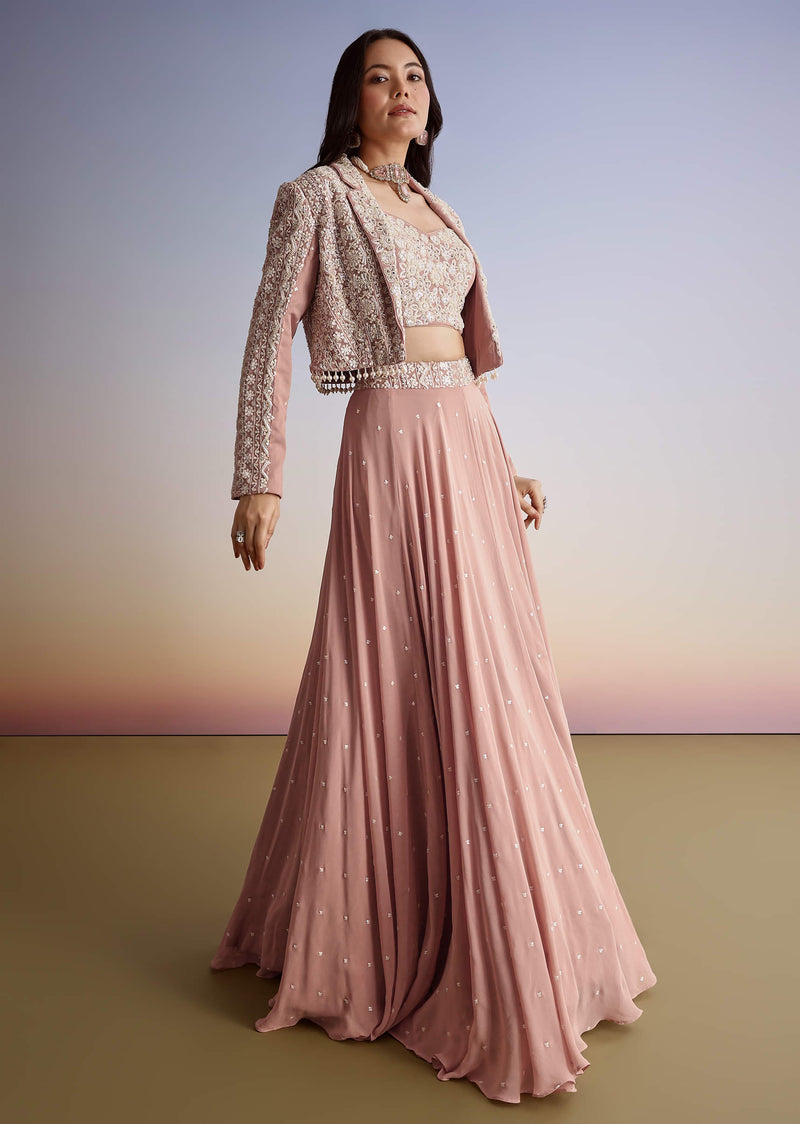 Pink Georgette Moti Resham Work Lehenga Jacket Set