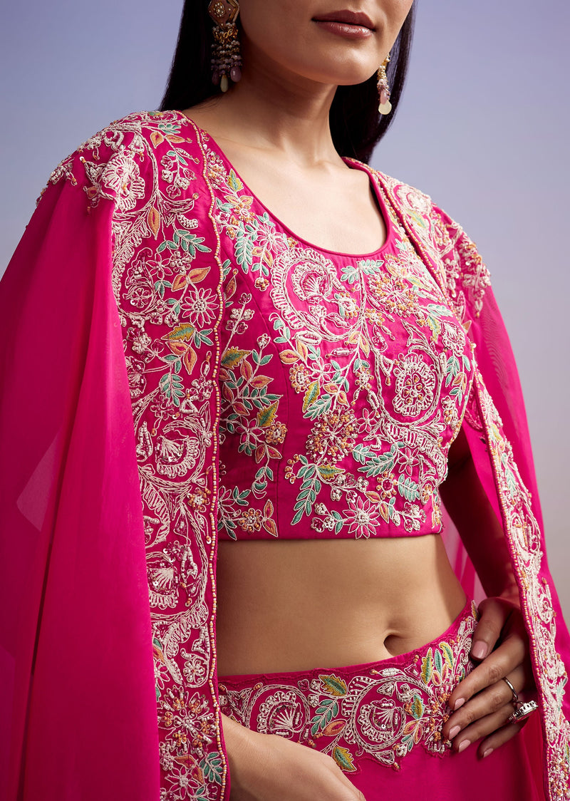 Pink Organza Crop Top And Skirt Set With Embroidered Cape