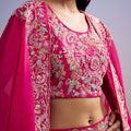 Pink Organza Crop Top And Skirt Set With Embroidered Cape