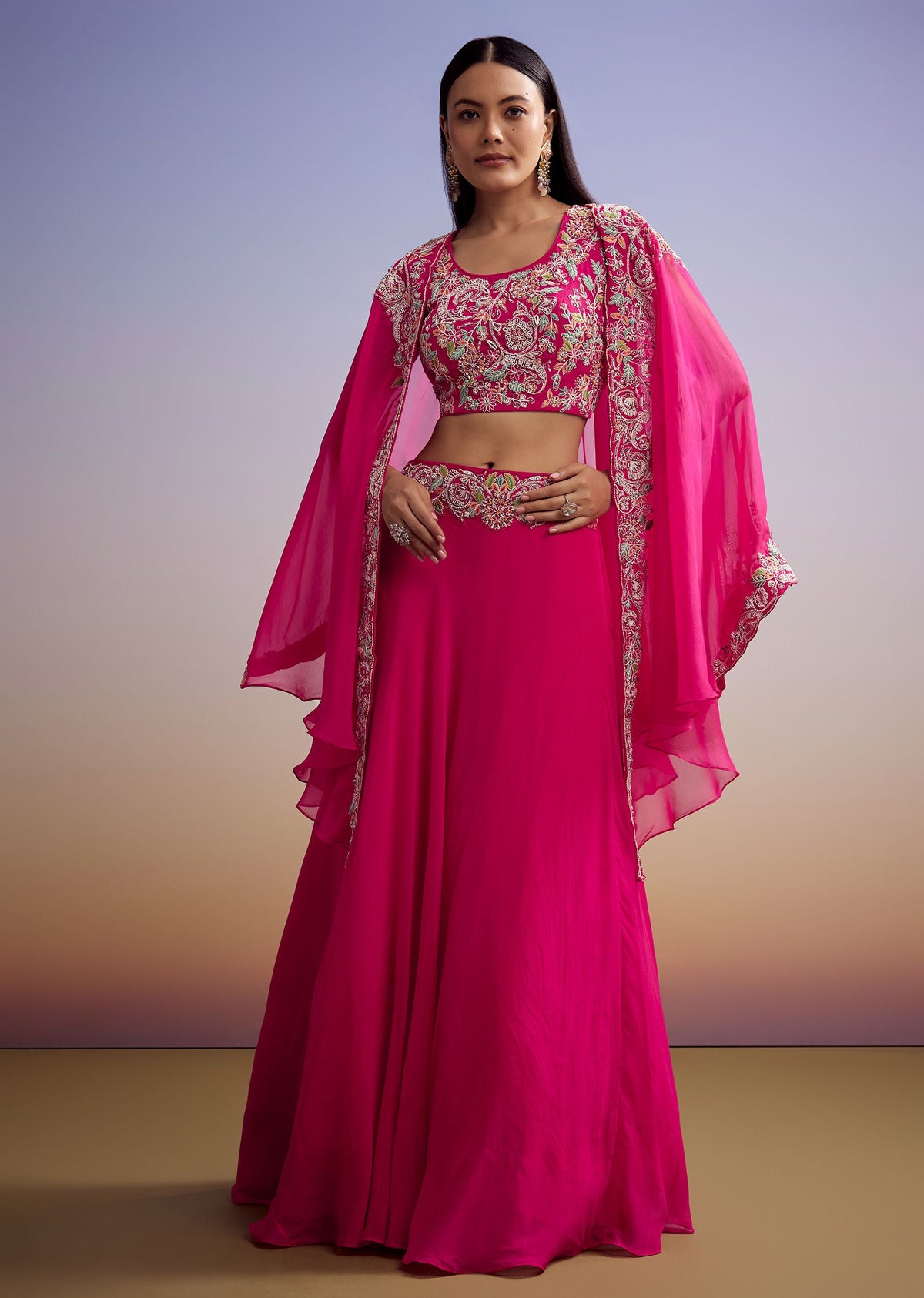 Pink Organza Crop Top And Skirt Set With Embroidered Cape