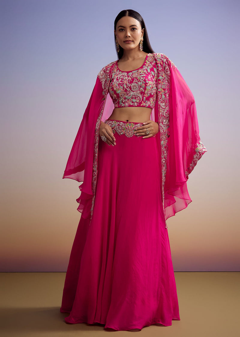 Pink Organza Crop Top And Skirt Set With Embroidered Cape