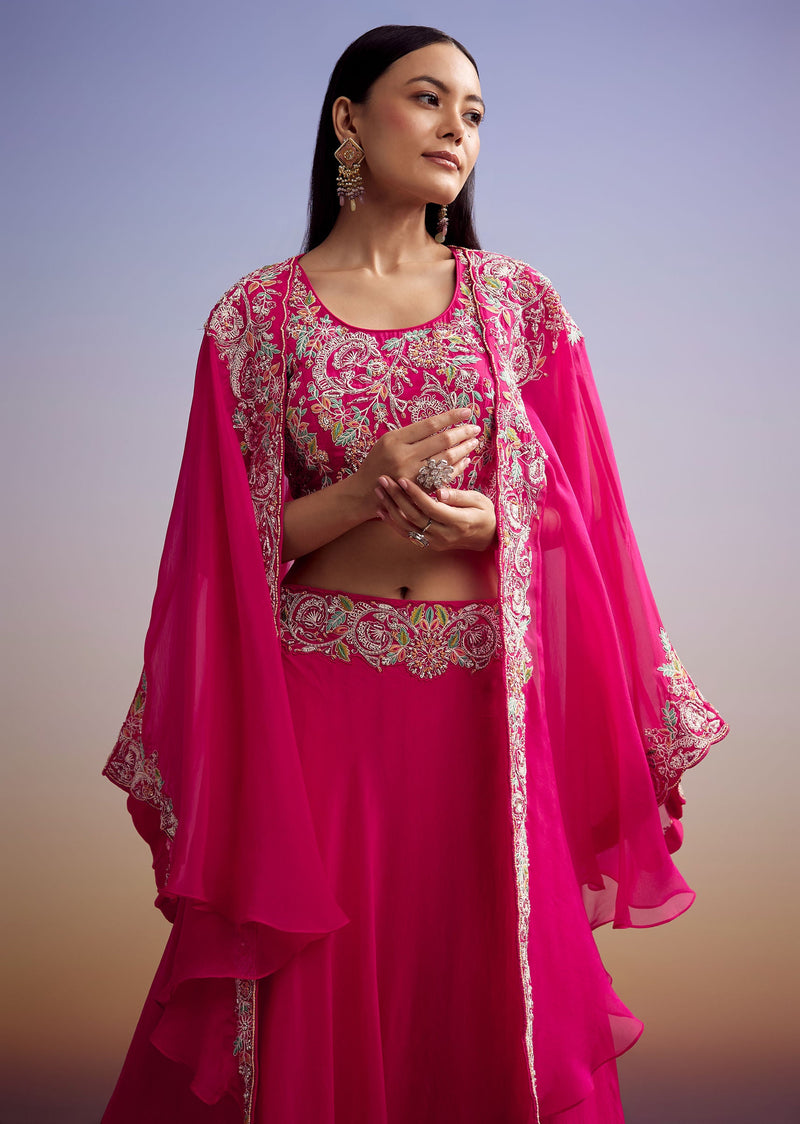 Pink Organza Crop Top And Skirt Set With Embroidered Cape
