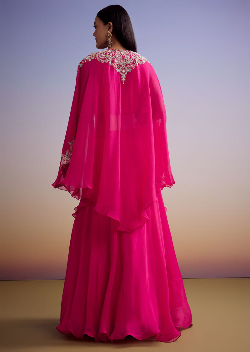 Pink Organza Crop Top And Skirt Set With Embroidered Cape