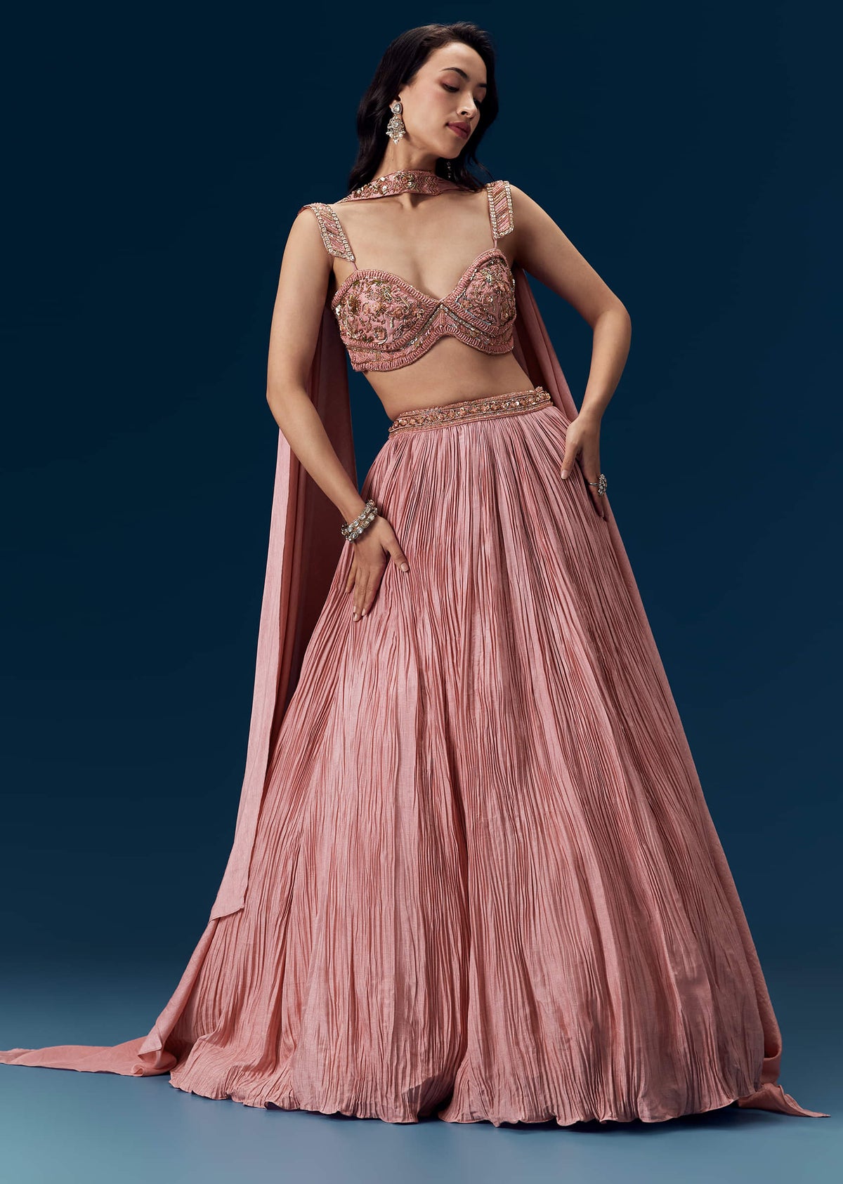 Pink Ruched Bridesmaid Lehega with Choker Dupatta
