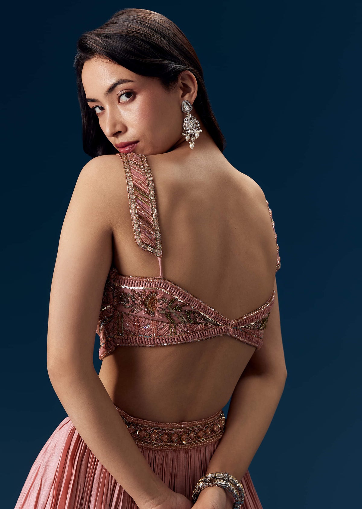 Pink Ruched Bridesmaid Lehega with Choker Dupatta