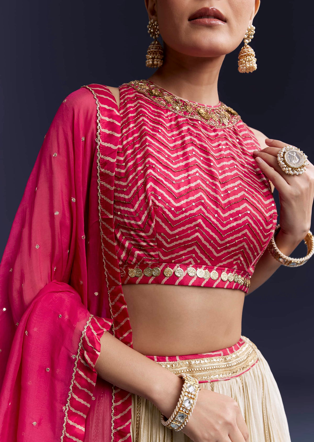 Pink Satin Bridesmaid Lehenga With Hand Dyed Chevron Print Choli