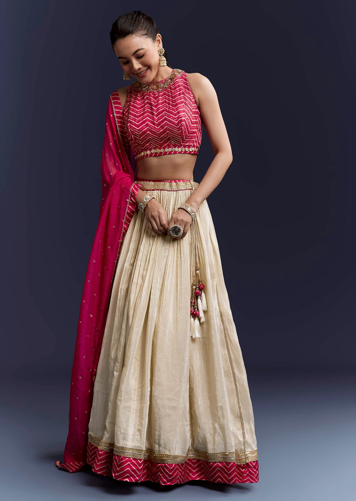 Pink Satin Bridesmaid Lehenga With Hand Dyed Chevron Print Choli