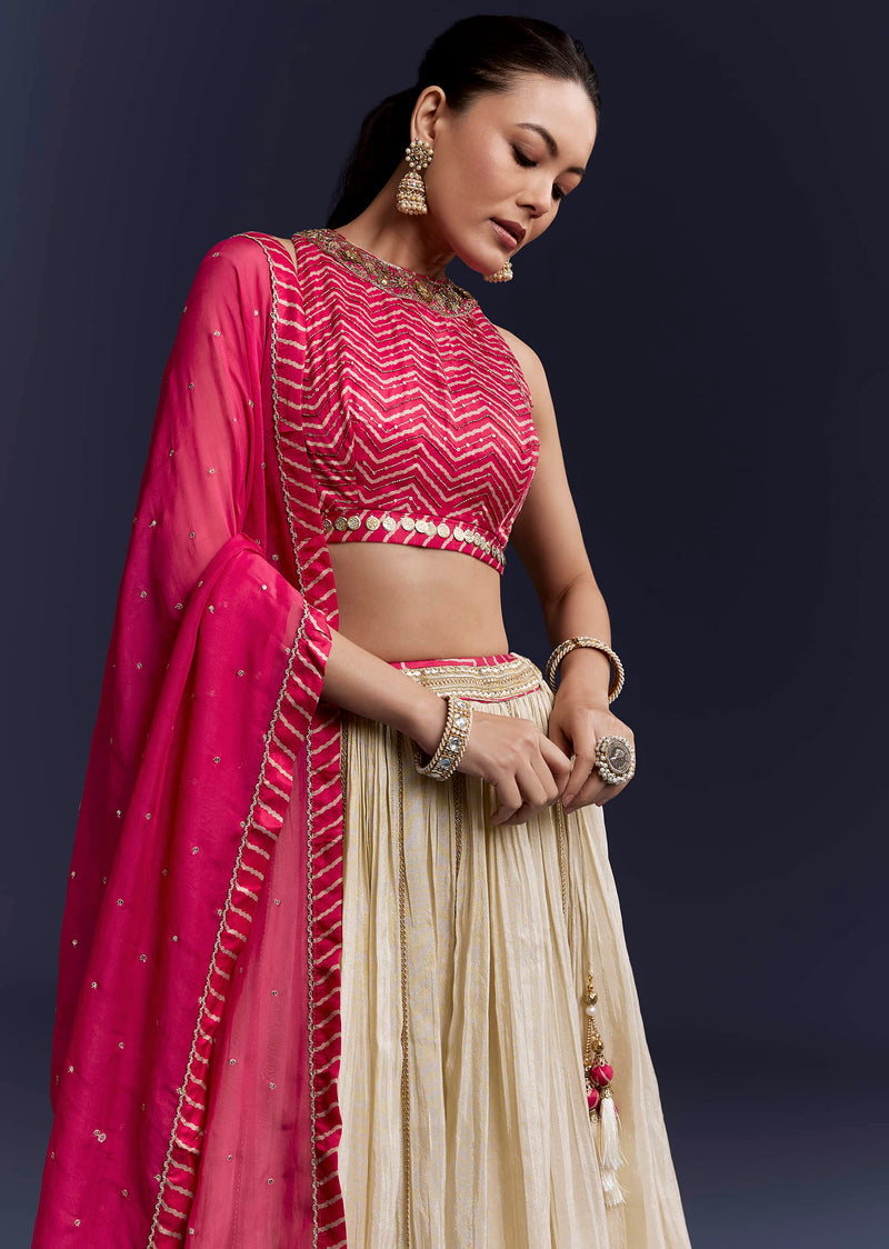 Pink Satin Bridesmaid Lehenga With Hand Dyed Chevron Print Choli