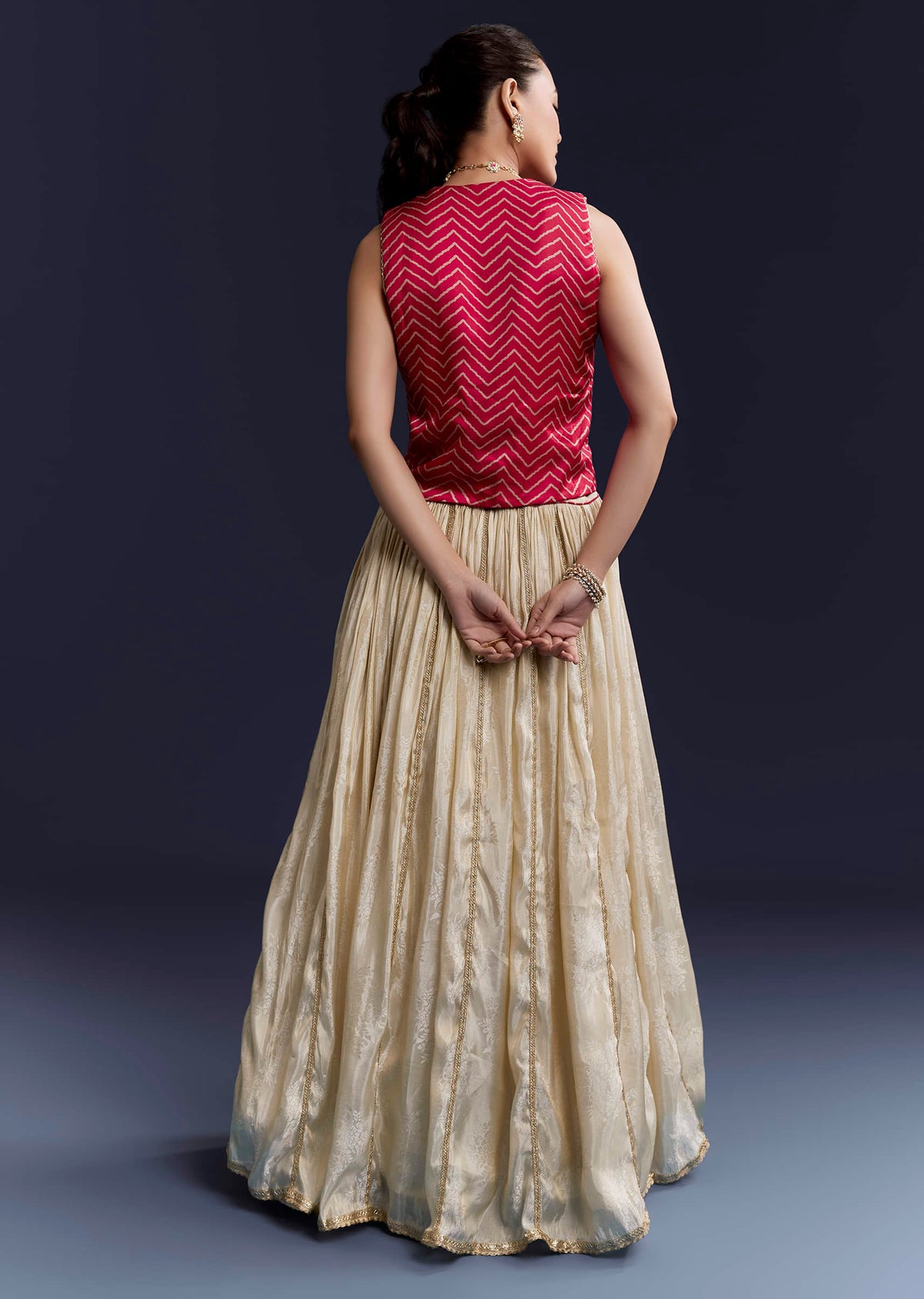 Pink Satin Festive Lehenga With Hand Dyed Chevron Print Jacket
