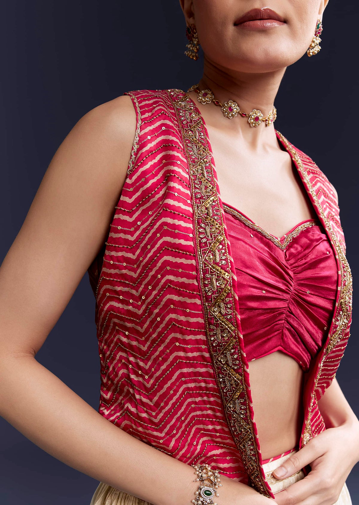 Pink Satin Festive Lehenga With Hand Dyed Chevron Print Jacket