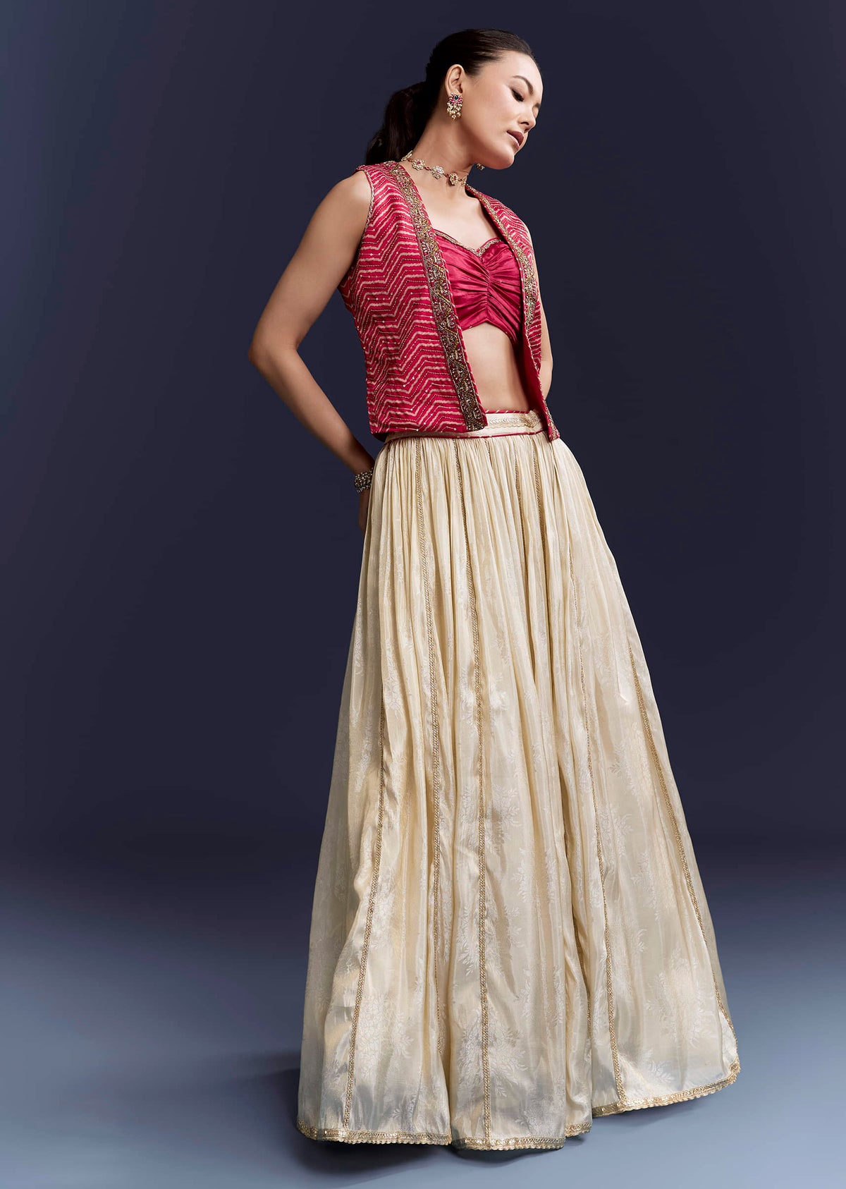 Pink Satin Festive Lehenga With Hand Dyed Chevron Print Jacket