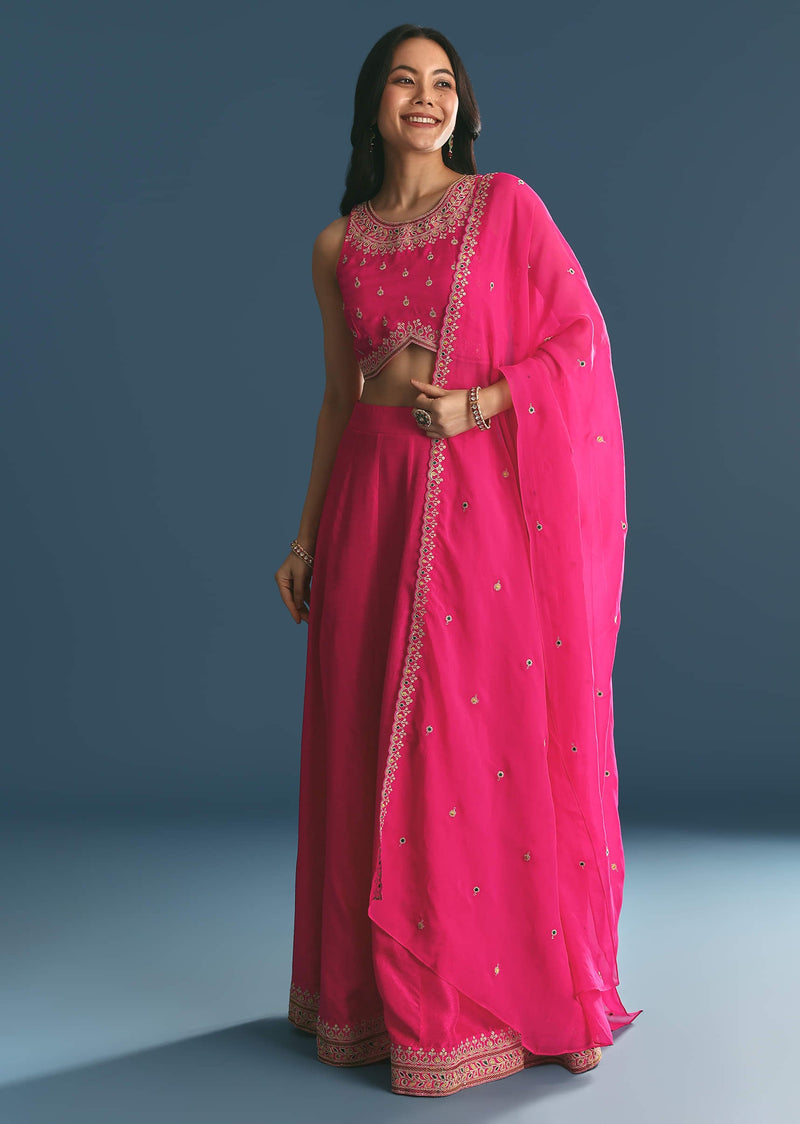 Pink Silk Lehenga Dupatta Set With Zari And Sequins Work