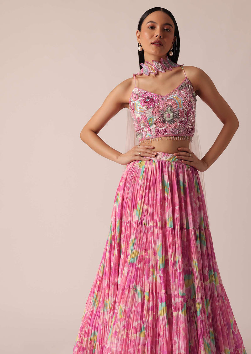 Pink Printed Lehenga Set With Ruffle Dupatta