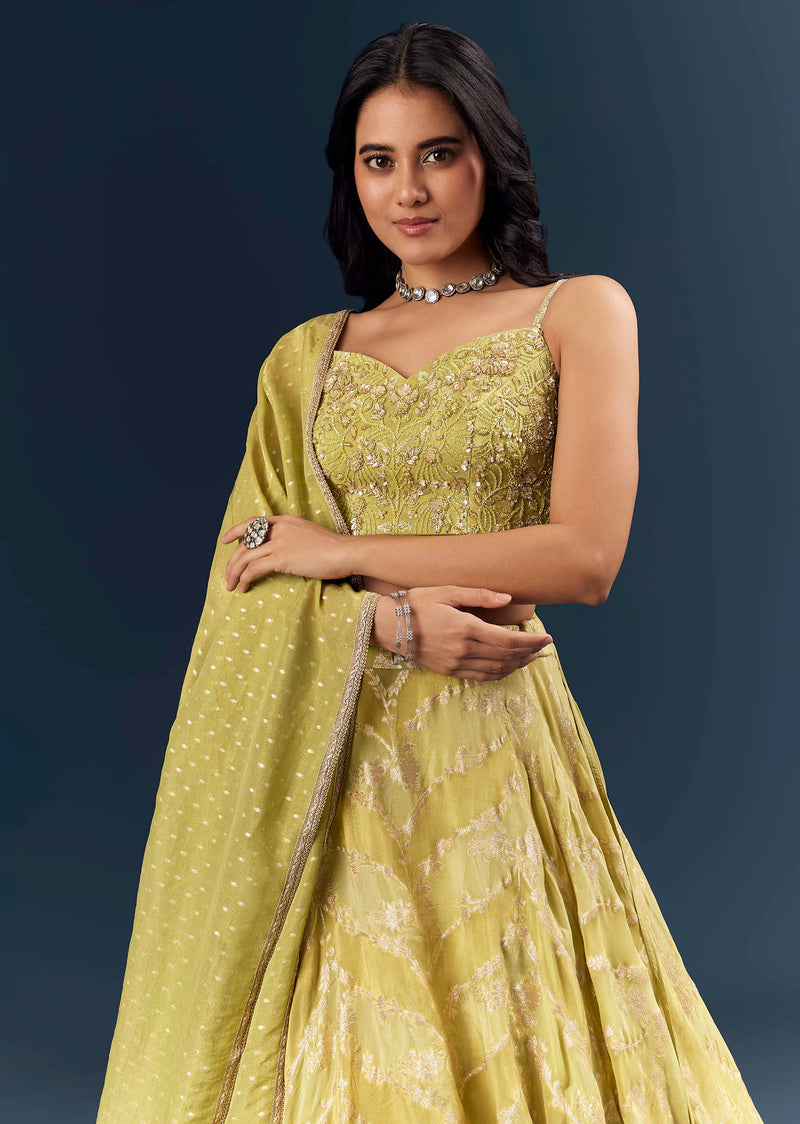 Pista Green Banarasi Silk Bridesmaid Lehenga With Heavy Hand Embroidery