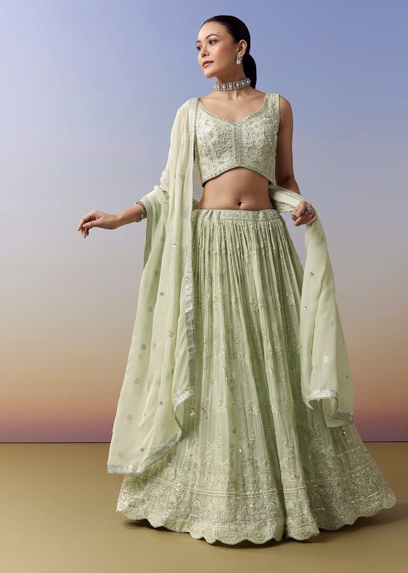 Pista Green Lehenga With Moti Sequins Cut Dana Work