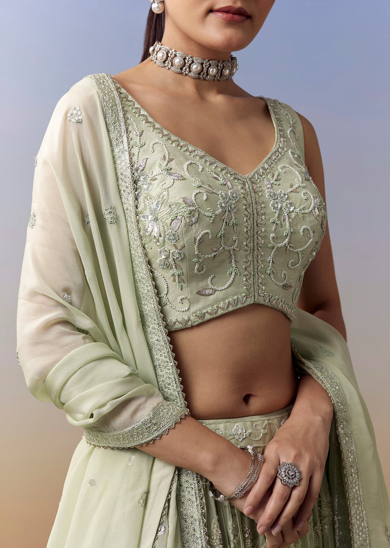 Pista Green Lehenga With Moti Sequins Cut Dana Work