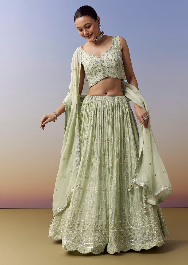 Pista Green Lehenga With Moti Sequins Cut Dana Work