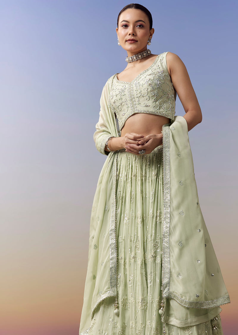 Pista Green Lehenga With Moti Sequins Cut Dana Work