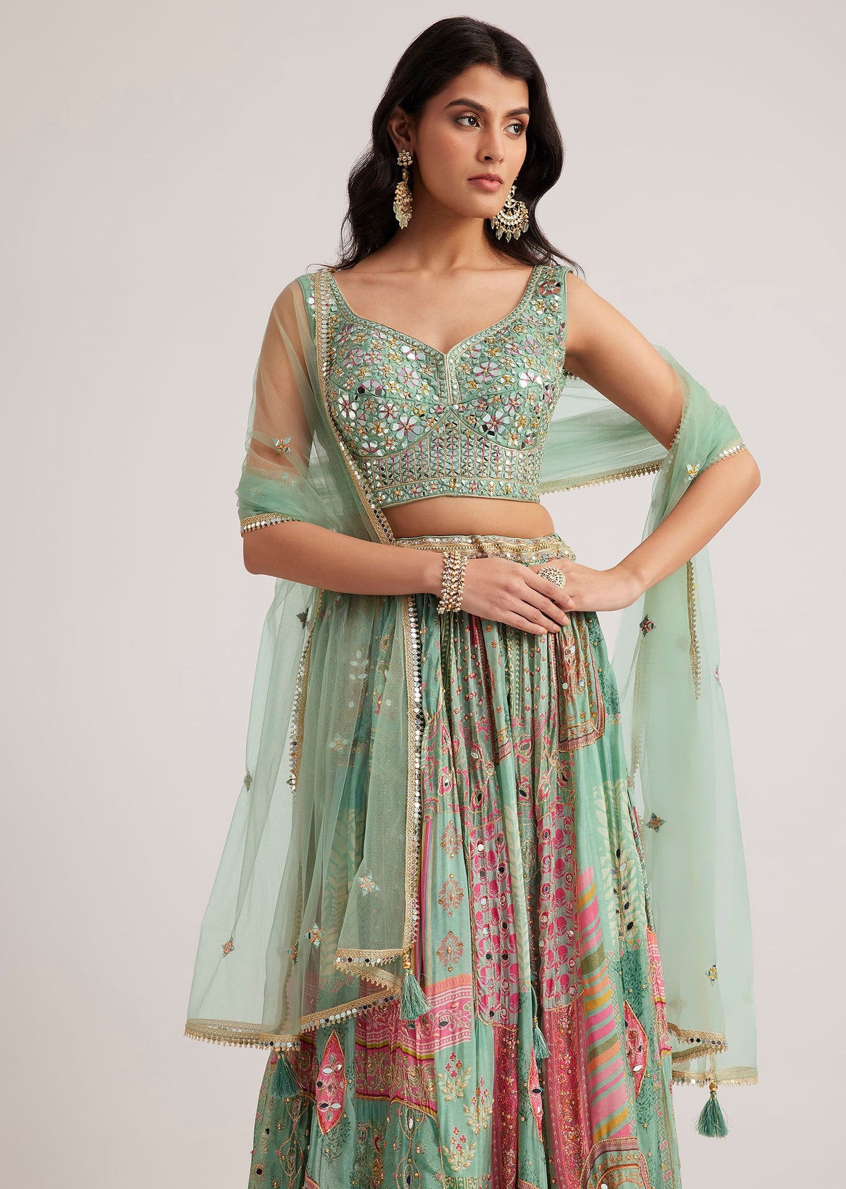 Pista Green Mirror And Zari Embroidered Lehenga Set