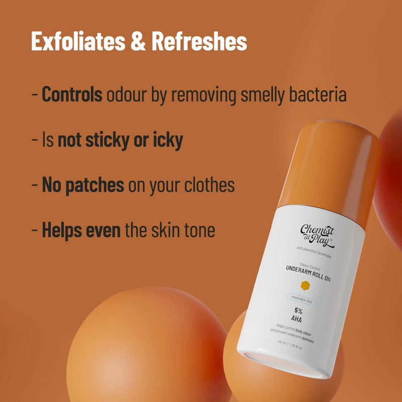 Chemist at Play UnderArm Roll On Fragrance Free, Prevents Body Odour, Brightens Skin & Exfoliates Underarm