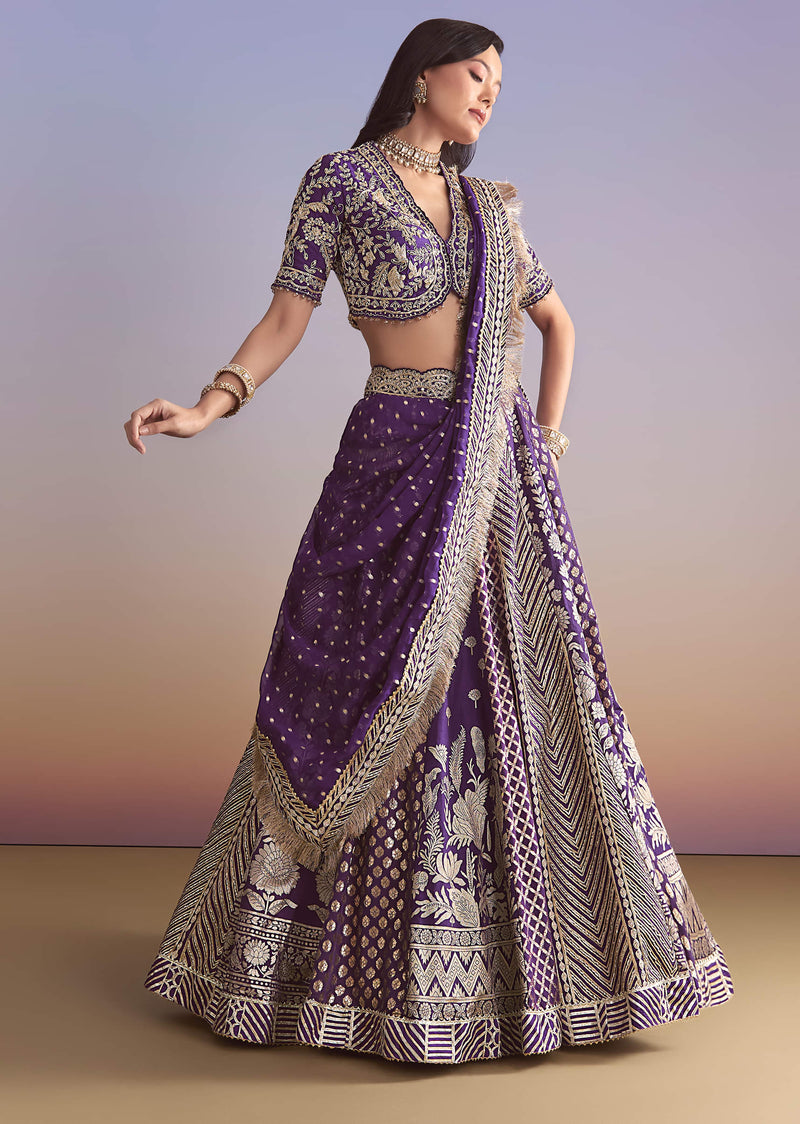 Purple Brocade Silk Bridesmaid Lehenga With Zardosi Work