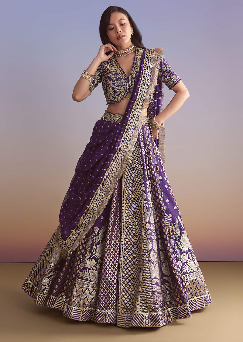 Purple Brocade Silk Bridesmaid Lehenga With Zardosi Work