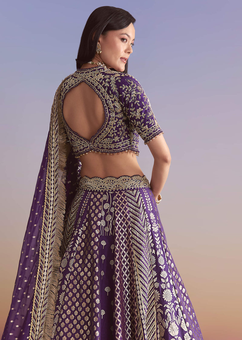 Purple Brocade Silk Bridesmaid Lehenga With Zardosi Work
