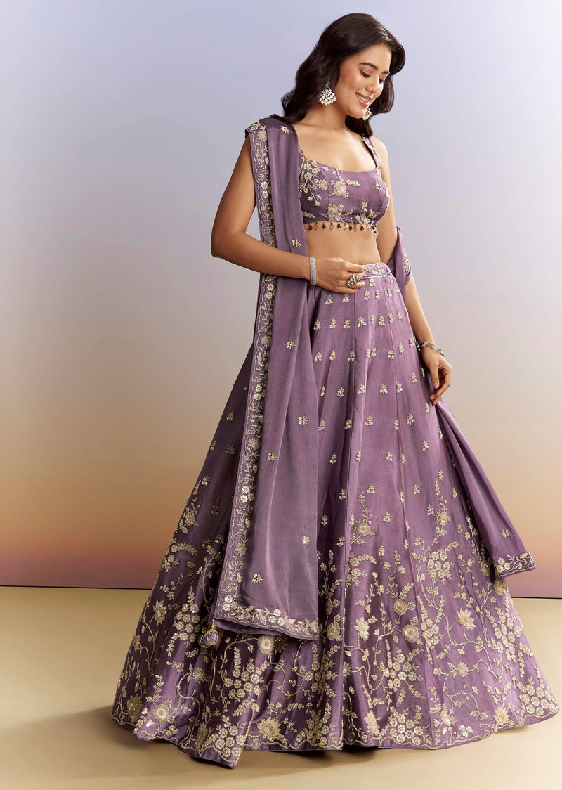 Purple Satin Bridesmaid Lehenga With Heavy Embroidery